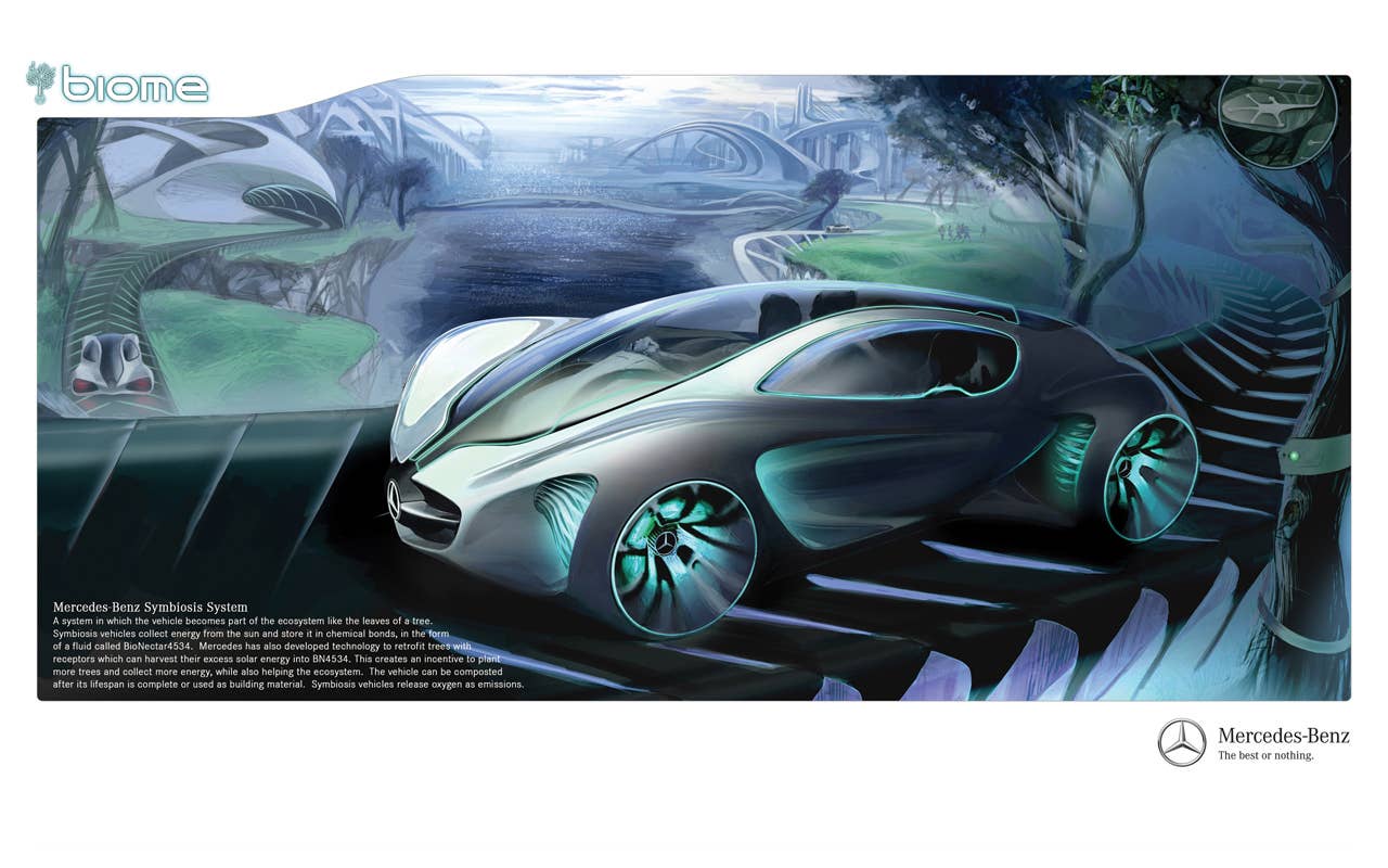 The Mercedes-Benz Biome is an ultralight vehicle that utilizes technologies from nature to achieve unparalleled efficiency and seamless integration into the ecosystem.