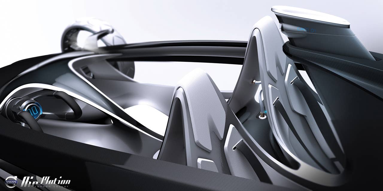 A vehicle lighter than a Formula 1 racing car... Experiencing the adrenaline rush of carving through the canyons with up to three friends Not using a drop of gasoline... Now just imagine if these dreams could be brought together in a single vehicle. Tipping the scales at under 1,000 lbs. the Volvo Air Motion Concept makes these dreams a reality and delivers this in a beautiful Scandinavian body. Designed like a clam shell and sculptured from ultra light carbon fiber.