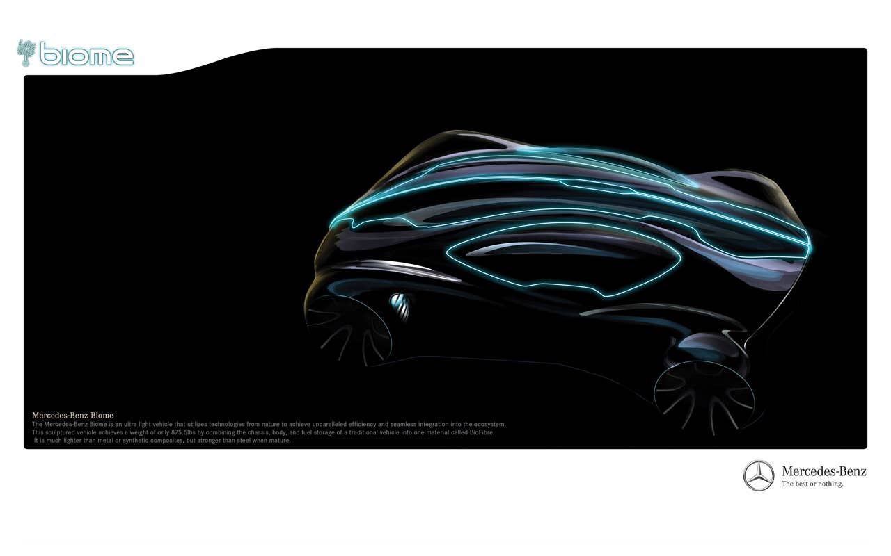 The Mercedes-Benz Biome is an ultralight vehicle that utilizes technologies from nature to achieve unparalleled efficiency and seamless integration into the ecosystem.