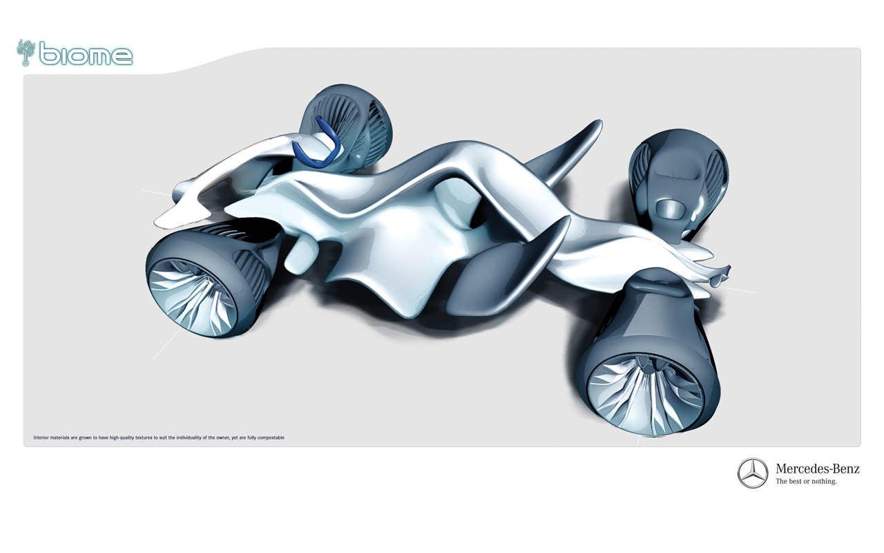 The Mercedes-Benz Biome is an ultralight vehicle that utilizes technologies from nature to achieve unparalleled efficiency and seamless integration into the ecosystem.