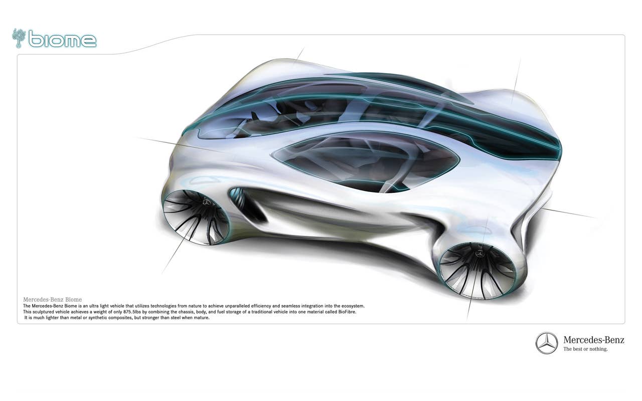 The Mercedes-Benz Biome is an ultralight vehicle that utilizes technologies from nature to achieve unparalleled efficiency and seamless integration into the ecosystem.