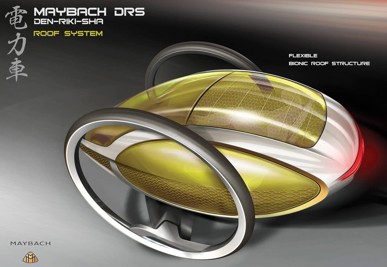 Powered by a self balancing electric drive unit and controlled by an onboard computer that is plugged into a mega citys transport infrastructure, the MAYBACH DRS delivers a smooth, luxurious journey cross town. To extend its range, this human-electric hybrid allows pedaling power to be supplemented by the driver. Meanwhile, the passengers enjoy the journey in their glamorous surroundings.