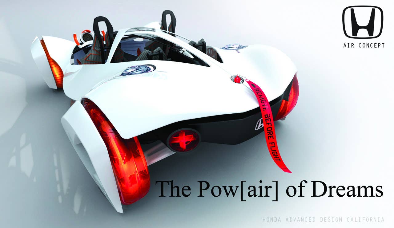 The Honda Air concept is a vision of the future of lightweight and alternative fuel performance vehicles; a coastal cruiser for the aggressive lifestyle. Inspired by the modern roller coaster as well as skydiving wing-suits, the Air is powered by a compressed air and pneumatic regulator system.