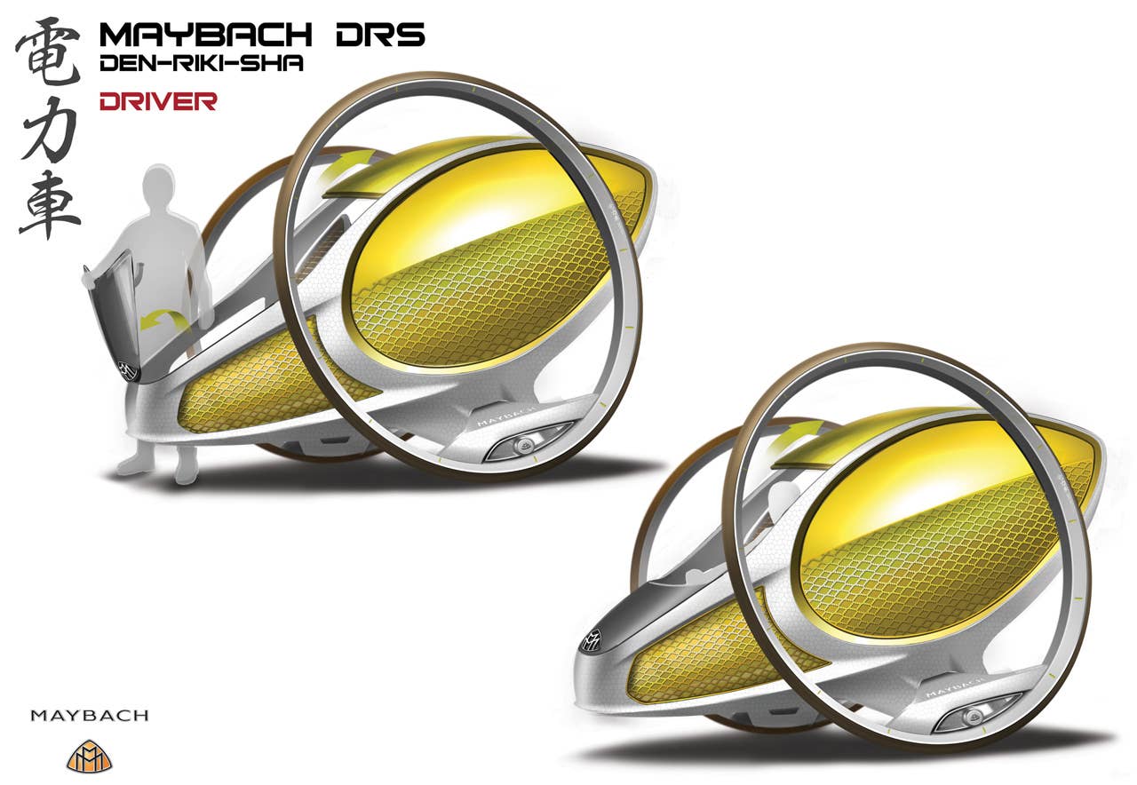 Powered by a self balancing electric drive unit and controlled by an onboard computer that is plugged into a mega citys transport infrastructure, the MAYBACH DRS delivers a smooth, luxurious journey cross town. To extend its range, this human-electric hybrid allows pedaling power to be supplemented by the driver. Meanwhile, the passengers enjoy the journey in their glamorous surroundings.