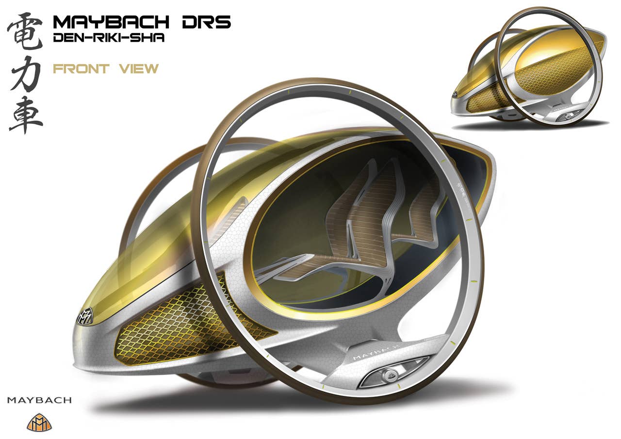 Powered by a self balancing electric drive unit and controlled by an onboard computer that is plugged into a mega citys transport infrastructure, the MAYBACH DRS delivers a smooth, luxurious journey cross town. To extend its range, this human-electric hybrid allows pedaling power to be supplemented by the driver. Meanwhile, the passengers enjoy the journey in their glamorous surroundings.