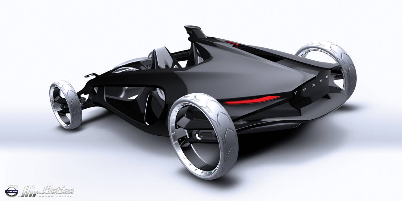 A vehicle lighter than a Formula 1 racing car... Experiencing the adrenaline rush of carving through the canyons with up to three friends Not using a drop of gasoline... Now just imagine if these dreams could be brought together in a single vehicle. Tipping the scales at under 1,000 lbs. the Volvo Air Motion Concept makes these dreams a reality and delivers this in a beautiful Scandinavian body. Designed like a clam shell and sculptured from ultra light carbon fiber.
