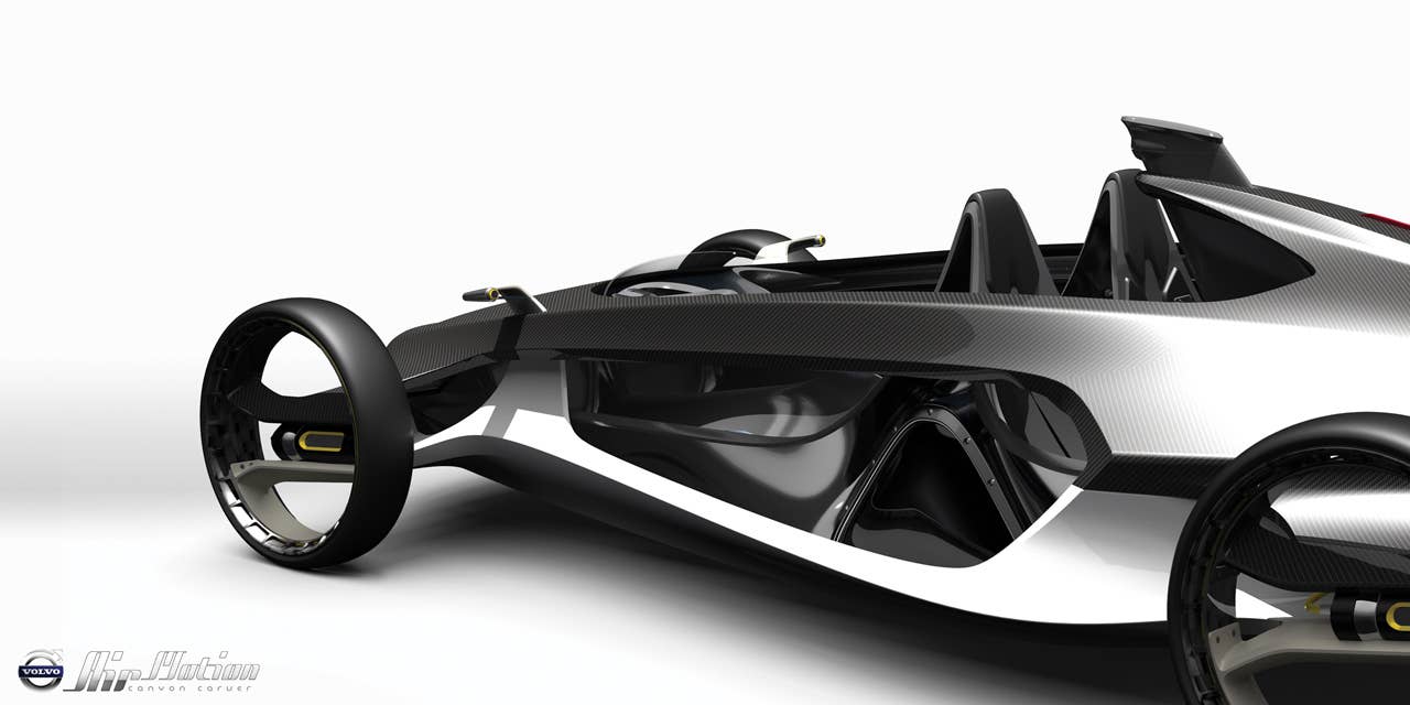 A vehicle lighter than a Formula 1 racing car... Experiencing the adrenaline rush of carving through the canyons with up to three friends Not using a drop of gasoline... Now just imagine if these dreams could be brought together in a single vehicle. Tipping the scales at under 1,000 lbs. the Volvo Air Motion Concept makes these dreams a reality and delivers this in a beautiful Scandinavian body. Designed like a clam shell and sculptured from ultra light carbon fiber.