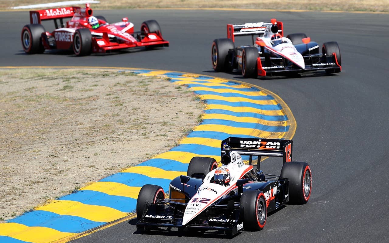 SONOMA, CA - AUGUST 22:  Will Power of Australia, driver of the #12 Verizon Team Penske Dallara Honda leads Helio Castroneves and Dario Franchitti during the IZOD IndyCar Series Grand Prix of Sonoma at Infineon Raceway on August 22, 2010 in Sonoma, California.  (Photo by Christian Petersen/Getty Images)