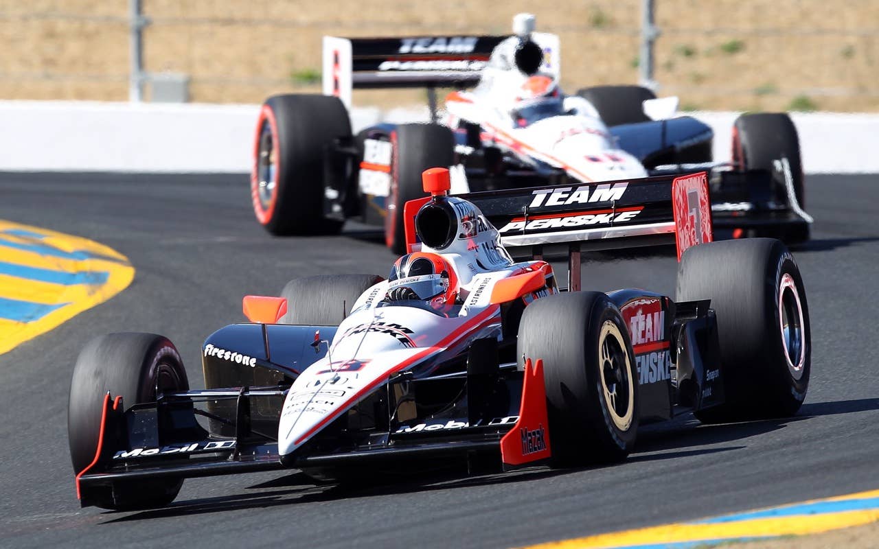 SONOMA, CA - AUGUST 22:  Helio Castroneves of Brazil, driver of the #3 Team Penske Dallara Honda and Ryan Briscoe of Australia, driver of the #6 Team Penske Dallara Honda during practice for the IZOD IndyCar Series Grand Prix of Sonoma at Infineon Raceway on August 22, 2010 in Sonoma, California.  (Photo by Christian Petersen/Getty Images)