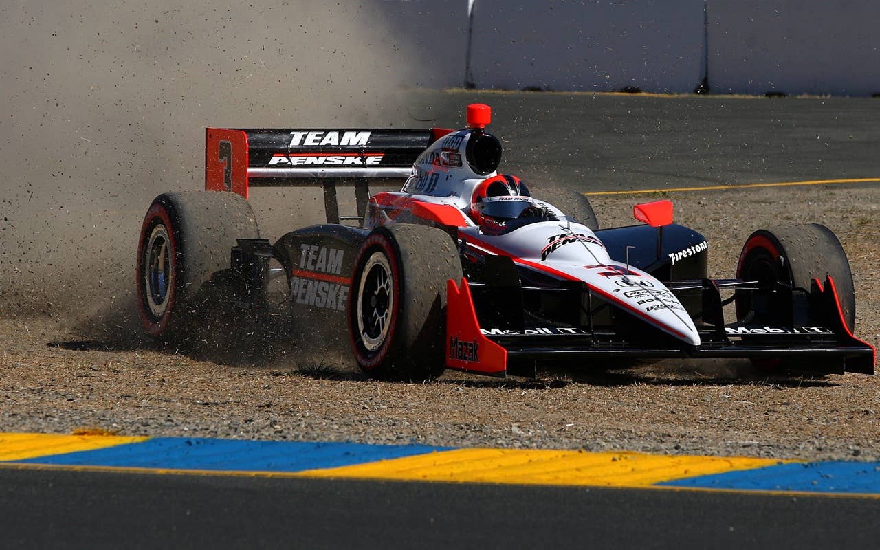 SONOMA, CA - AUGUST 22:  Helio Castroneves of Brazil, driver of the #3 Team Penske Dallara Honda, drives off track during practice for the IZOD IndyCar Series Grand Prix of Sonoma at Infineon Raceway on August 22, 2010 in Sonoma, California. (Photo by Donald Miralle/Getty Images) *** Local Caption *** Helio Castroneves