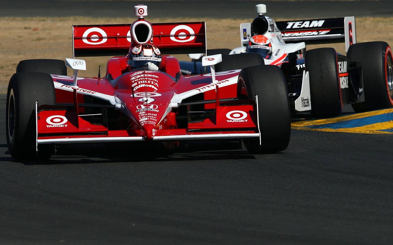 SONOMA, CA - AUGUST 22:  Scott Dixon of New Zealand, driver of the #9 Target Ganassi Dallara Honda, drives on track in front of Helio Castroneves of Brazil, driver of the #3 Team Penske Dallara Honda during practice for the IZOD IndyCar Series Grand Prix of Sonoma at Infineon Raceway on August 22, 2010 in Sonoma, California. (Photo by Donald Miralle/Getty Images) *** Local Caption *** Scott Dixon, Helio Castroneves