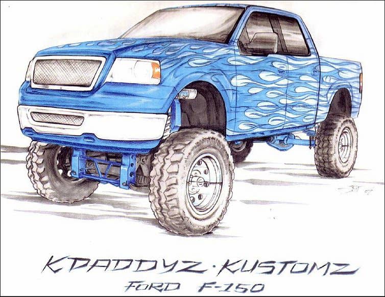 K Daddys Kustomz adds "In Your Face" to "Built Ford Tough." This extreme machine sits 17 inches over stock on a Bullet Proof lift kit installed by Shocker Motor Sports, Fox Racing Shox and Atlas leaf springs. The 22-inch Weld wheels wear 40x15.5x22 Toyo Tires. The F-150's 5.4-liter Triton V-8 mounts a ProCharger supercharger, Yukon gears, Kinetik power cell, and UPR billet dress up kit. K Daddys Kustomz applied the wild blue-on-blue flame paint scheme using Hot Hues by DuPont. Soft leather seats are surrounded by the sound of Titanium Power Audio and fiberglass speaker pods and plexiglass speaker box. Vizualogic supplied the headrest video and gaming system