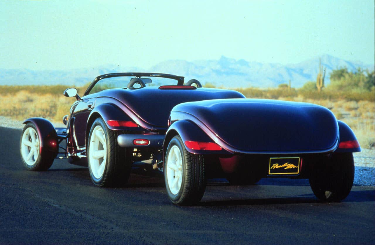 Plymouth Prowler shown with the "tow-behind" trailer, to be offered through Chrysler Corporation's Mopar subsidiary as an extra cost accessory.
