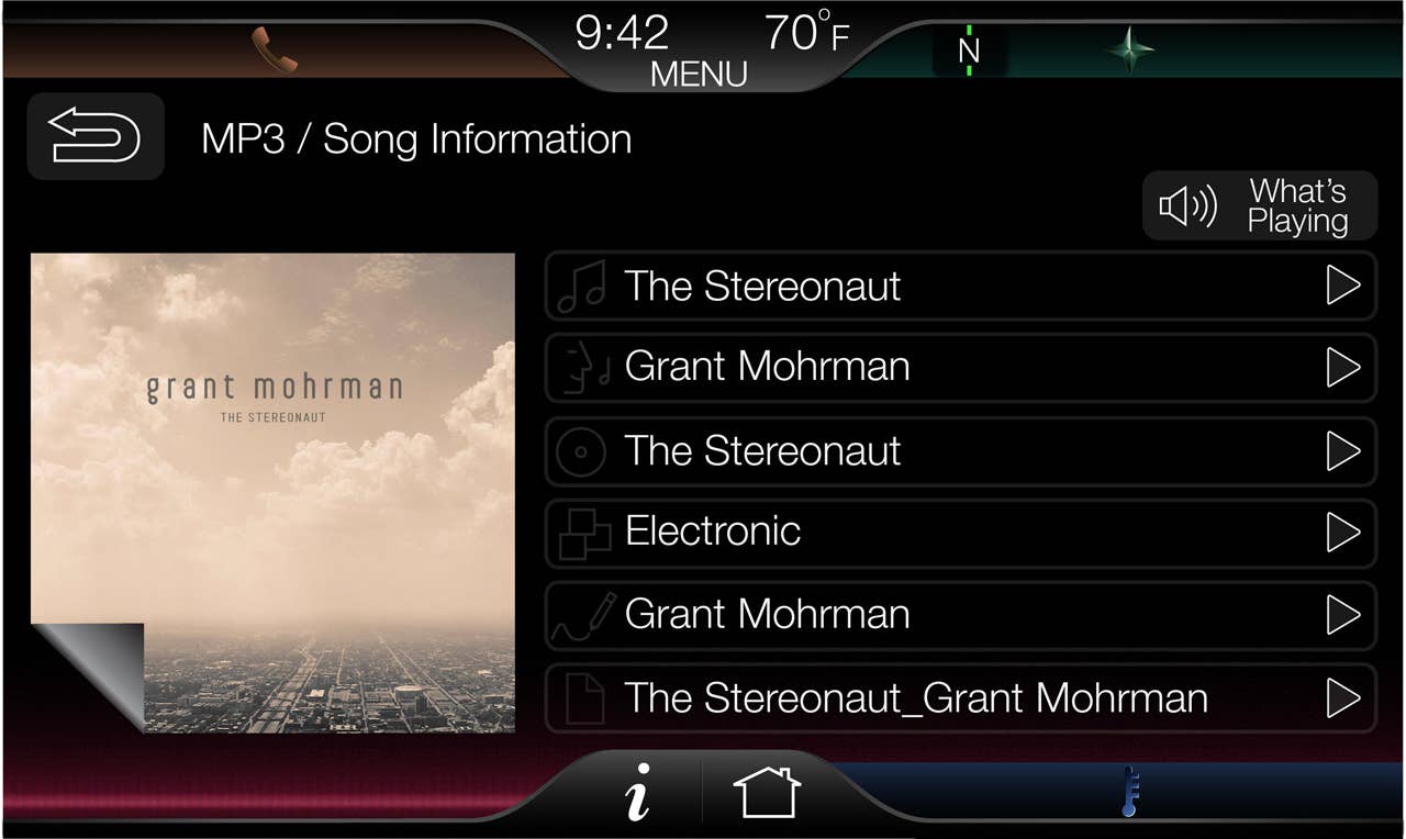 The 8-inch touch-screen center stack display is the key interface on MyFord Touch, here displaying audio and entertainment system options.