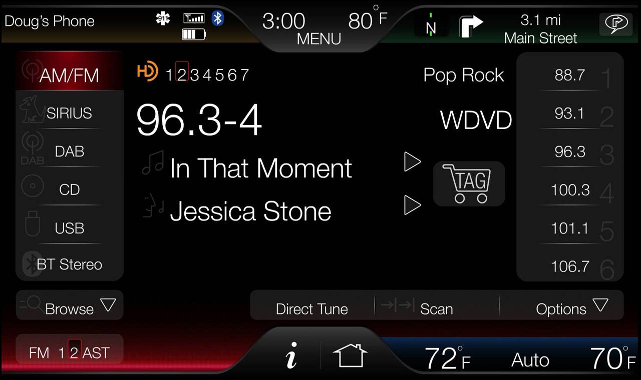 The 8-inch touch-screen center stack display is the key interface on MyFord Touch, shown here with audio and entertainment options active.