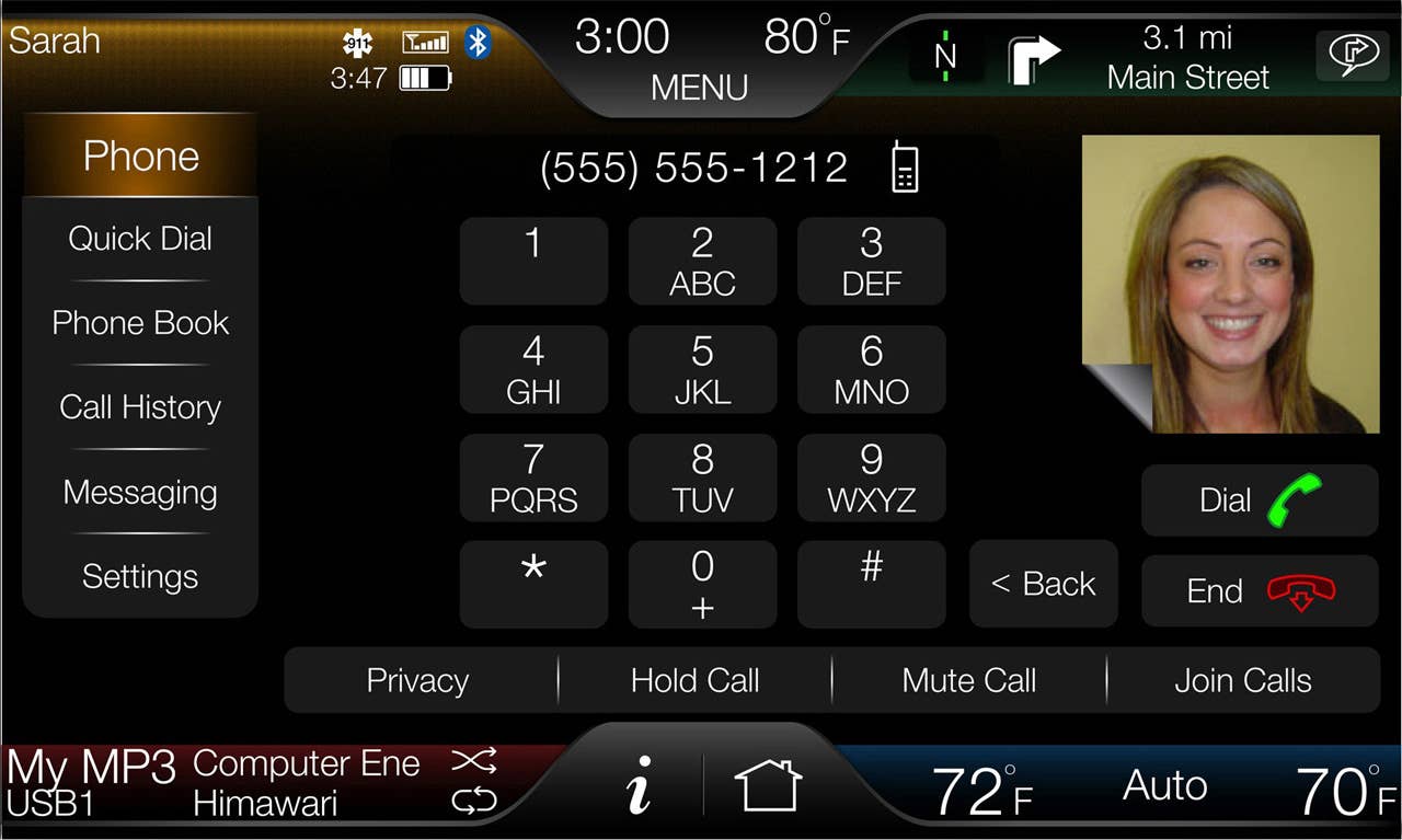 The 8-inch touch-screen center stack display is the key interface on MyFord Touch, shown here with the phone screen active.