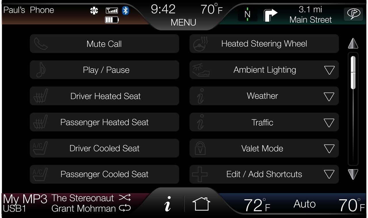 The 8-inch touch-screen center stack display is the key interface on MyFord Touch, shown here with a user-customized home screen.