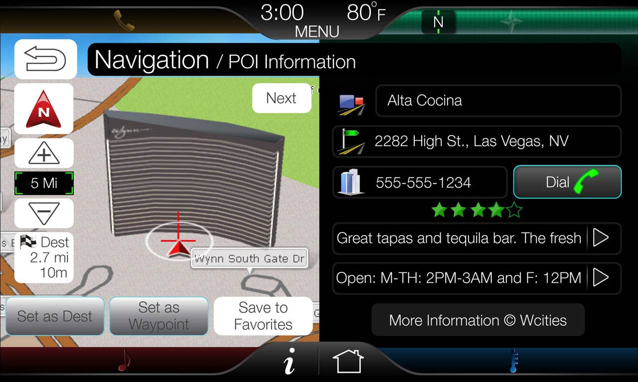 The 8-inch touch-screen center stack display is the key interface on MyFord Touch, shown here with available 3D mapping active.