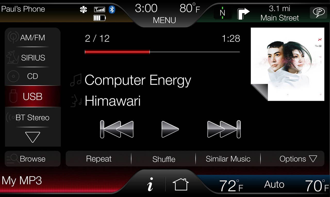 The 8-inch touch-screen center stack display is the key interface on MyFord Touch, shown here with audio and entertainment options active.