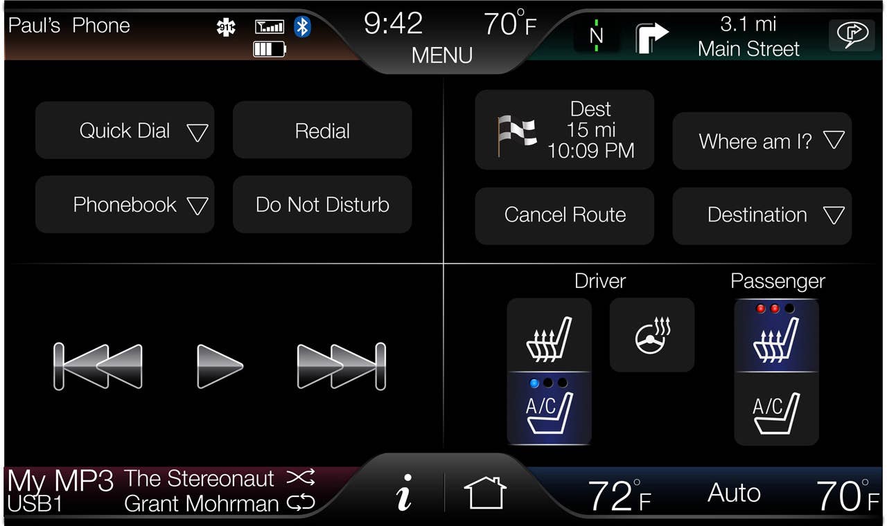 The 8-inch touch-screen center stack display is the key interface on MyFord Touch, shown here with a user-customized home screen.