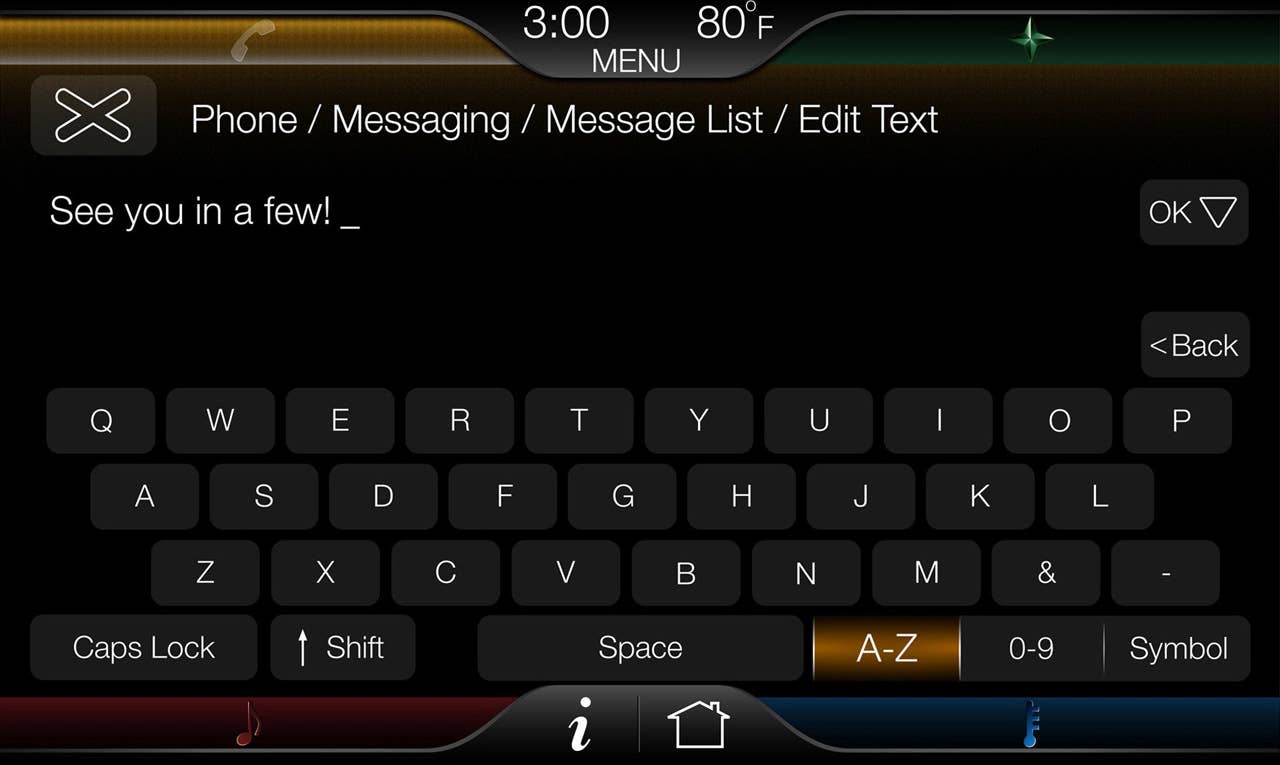 The 8-inch touch-screen center stack display is the key interface on MyFord Touch, shown here with the text message entry screen active.