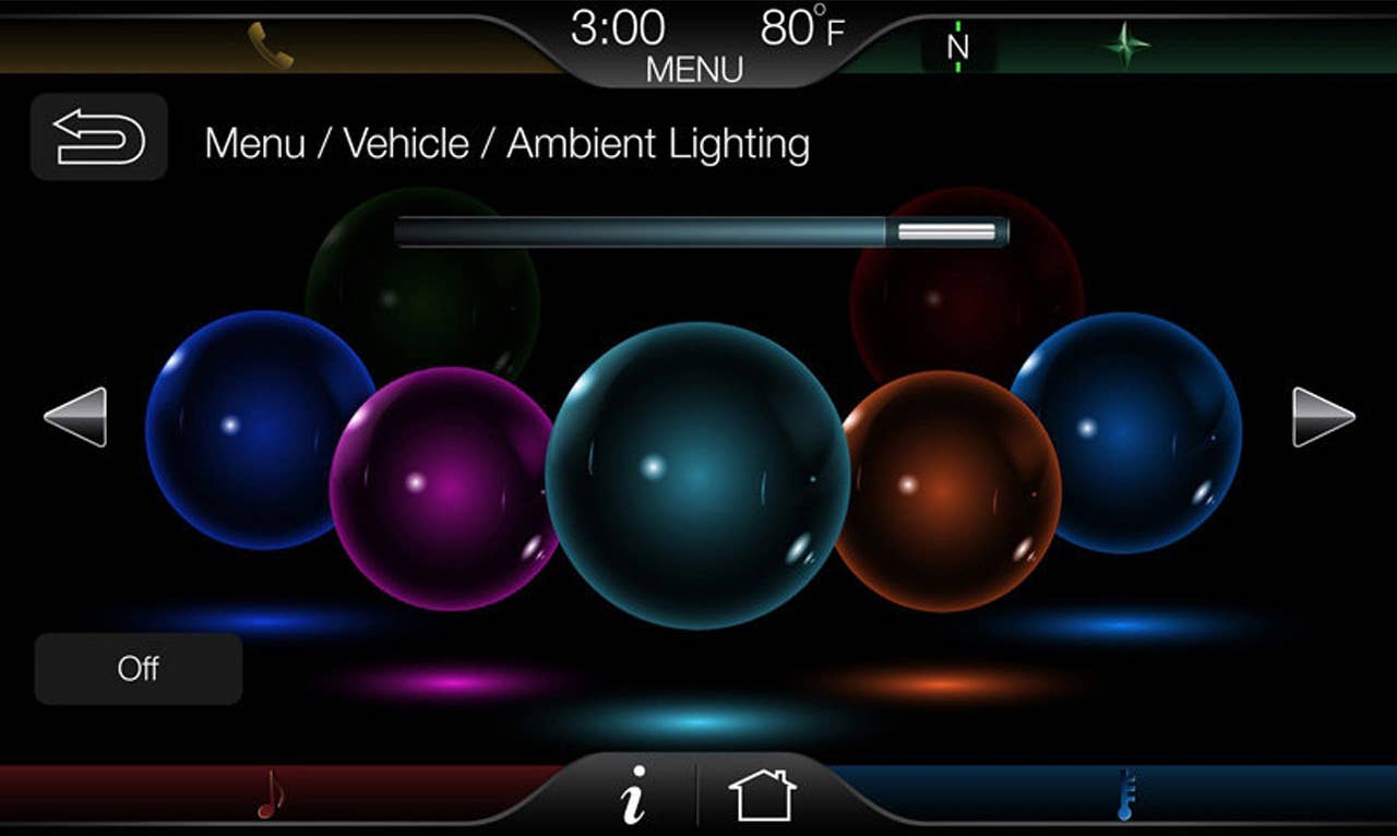 The 8-inch touch-screen center stack display is the key interface on MyFord Touch, shown here with vehicle settings active, in this case providing ambient lighting control. (low resolution image)