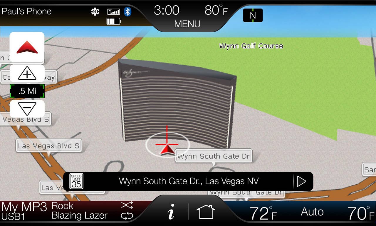 The 8-inch touch-screen center stack display is the key interface on MyFord Touch, shown here with available 3D mapping active.