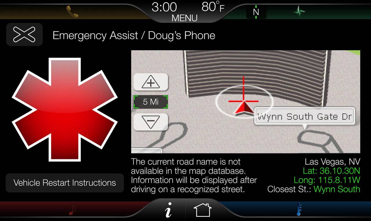 The 8-inch touch-screen center stack display is the key interface on MyFord Touch, shown here with 911 Assist active.