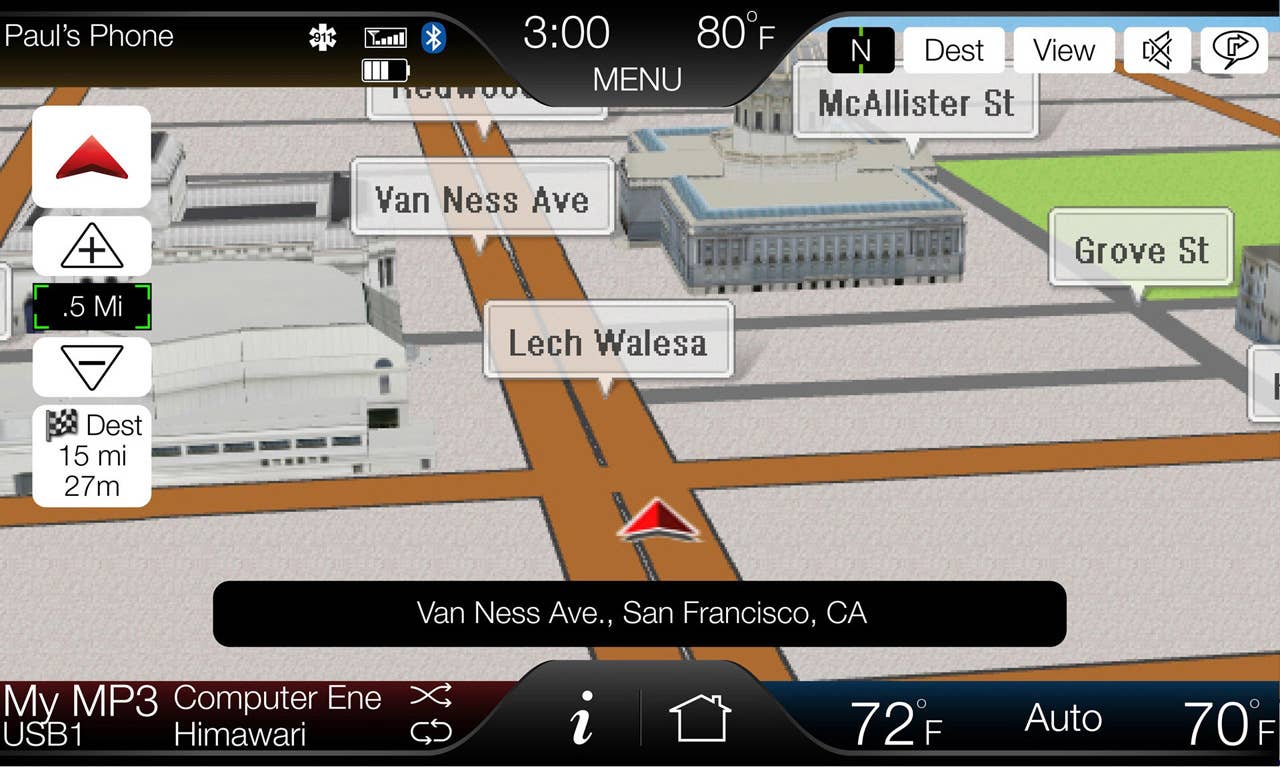 The 8-inch touch-screen center stack display is the key interface on MyFord Touch, shown here with available 3D mapping active.