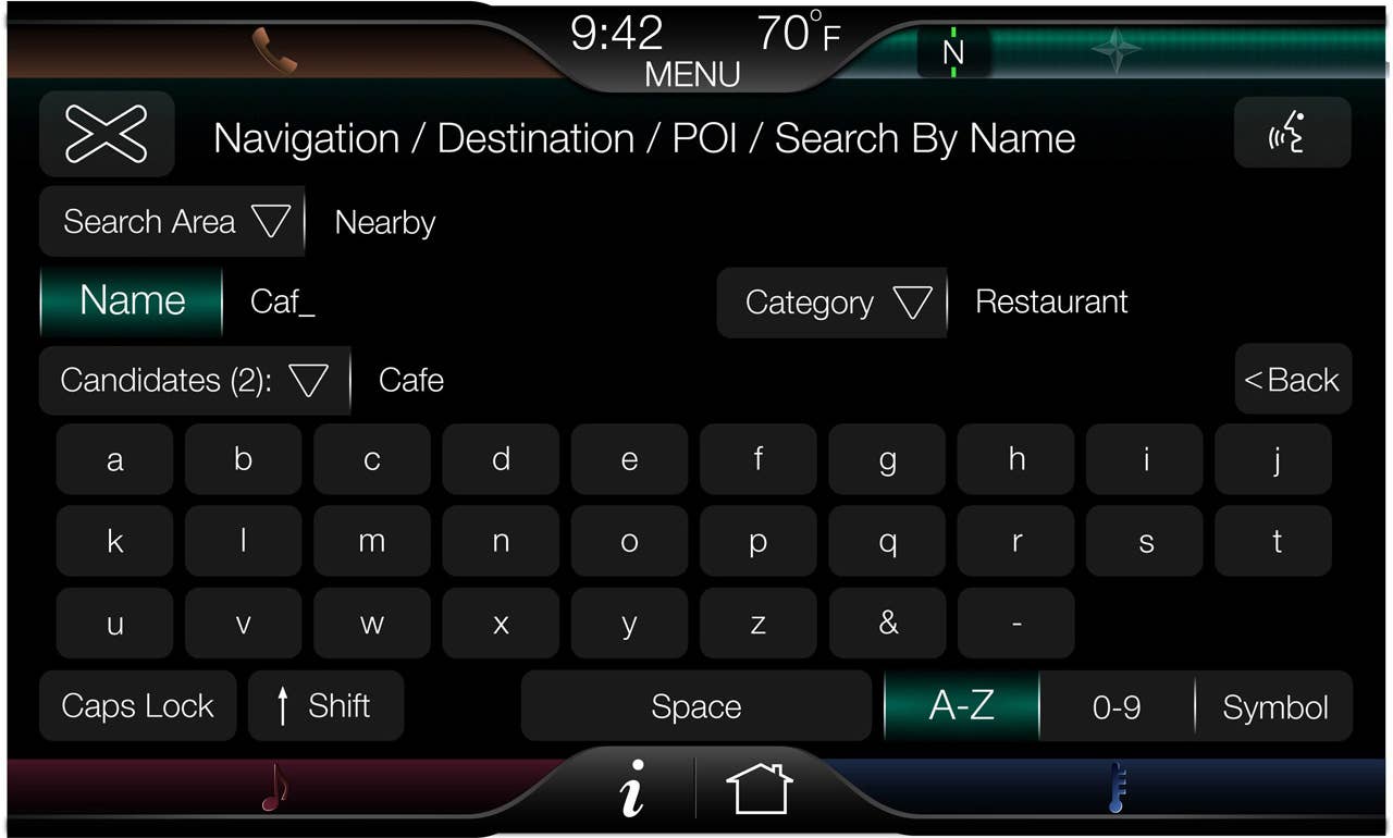 The 8-inch touch-screen center stack display is the key interface on MyFord Touch, shown here with the navigation destination entry screen active.