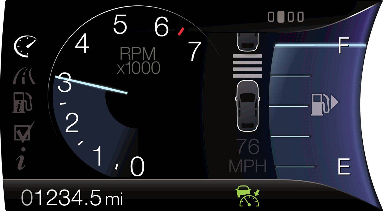 MyFord Touch displays much of its information using two 4.2-inch full-color LCD screens flanking an analog speedometer. This is the left screen with tachometer, fuel gauge and Adaptive Cruise Control settings active.
