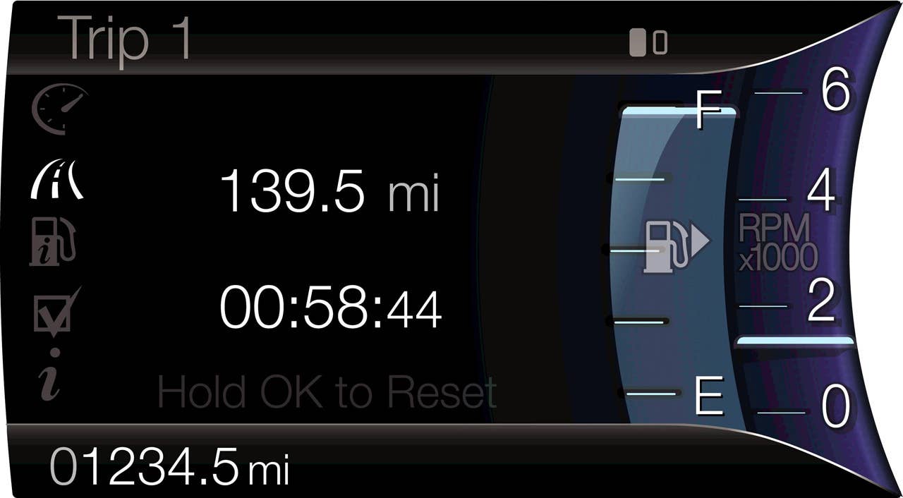 MyFord Touch displays much of its information using two 4.2-inch full-color LCD screens flanking an analog speedometer. This is the left screen with trip computer, fuel gauge and bar tachometer selected.