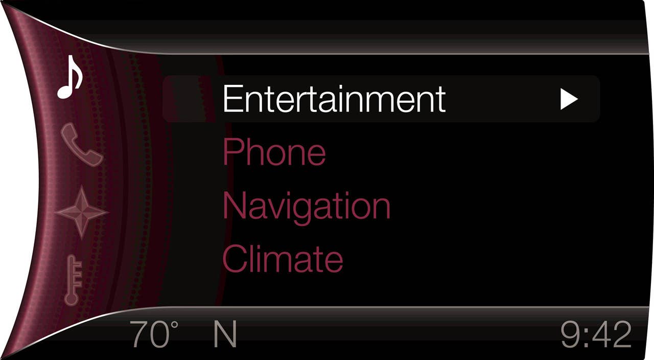 MyFord Touch displays much of its information using two 4.2-inch full-color LCD screens flanking an analog speedometer. This is the right screen with entertainment options active.