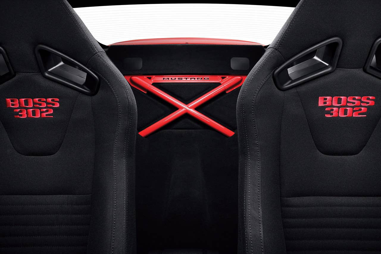 2012 Ford Mustang Boss 302 Laguna Seca: 2012 Mustang Boss 302 Laguna Seca cars feature a cross-car X-brace in place of the rear seats, along with standard Recaro front bucket seats. (08/13/2010)