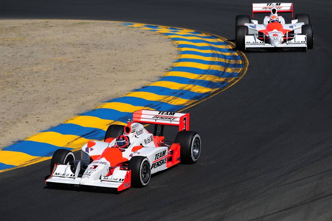 SONOMA, CA - AUGUST 24: Helio Castroneves of Brazil drives the #3 Team Penske Dallara Honda ahead of his teamate Ryan Briscoe during the IndyCar Series PEAK Antifreeze & Motor Oil Indy Grand Prix of Sonoma County at the Infineon Raceway on August 24, 2008 in Sonoma, California. (Photo by Robert Laberge/Getty Images)