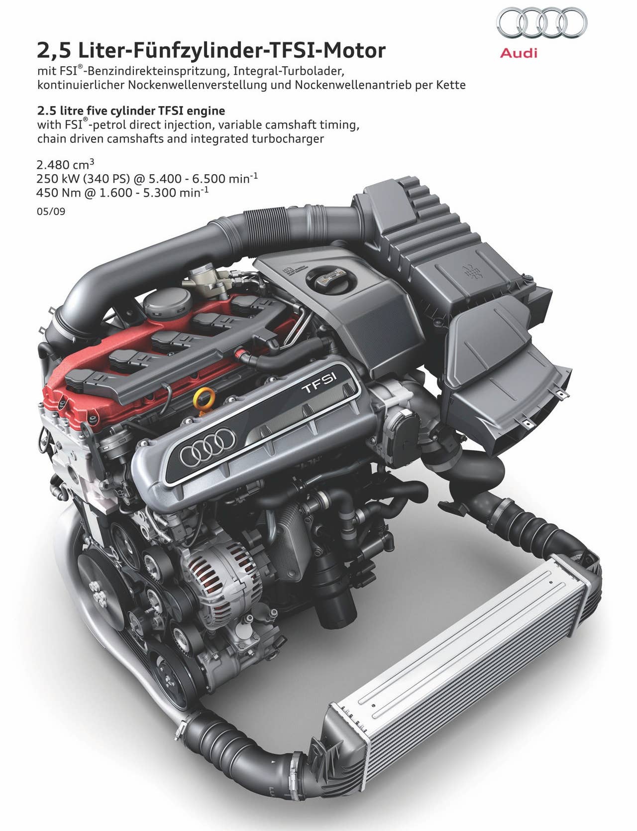 2.0- to 2.5-liters: The 2.5-liter TSI inline-five from the Audi TT-RS clearly demonstrates why most automakers are scrambling to develop turbocharged and direct injected engines. With a peak power delivery of 340 horsepower and a torque curve that flat-lines at 332 pound-feet all the way from 1,600 to over 5,000 rpm this engine slings the TT-RS to 60 mph in 4.7 seconds while returning 25.6 mpg.