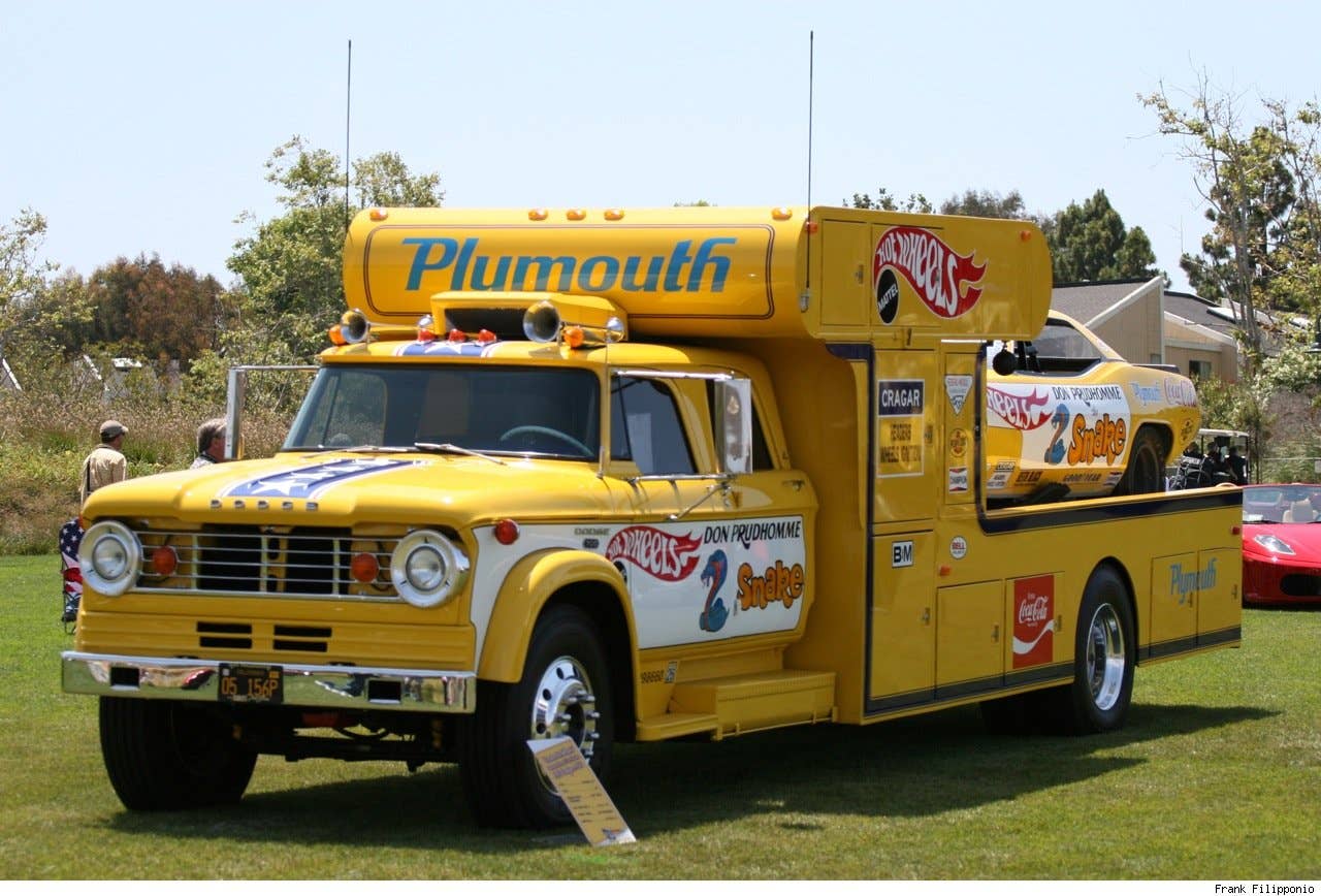 1970 Don Prudhomme Hot Wheels Plymouth Barracuda and 1967 Dodge D-700 crew cab Hot Wheels Ramp Truck