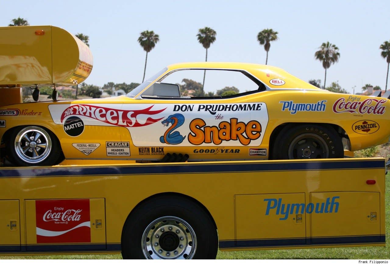 1970 Don Prudhomme Hot Wheels Plymouth Barracuda and 1967 Dodge D-700 crew cab Hot Wheels Ramp Truck