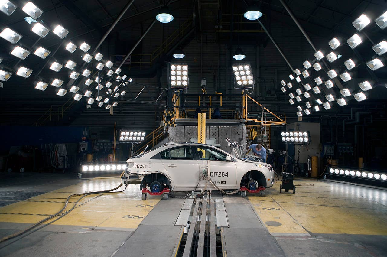 The 2011 Chevrolet Cruze fuel-efficient sedan undergoes crash testing Friday, April 16, 2010 in Milford, Michigan. The new Cruze offers class-leading fuel economy, the spaciousness and amenities of a midsize car, and more safety features than other vehicles in it class. (Photo by Jeffrey Sauger for Chevrolet)