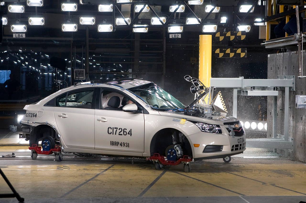 The 2011 Chevrolet Cruze fuel-efficient sedan undergoes crash testing Friday, April 16, 2010 in Milford, Michigan. The new Cruze offers class-leading fuel economy, the spaciousness and amenities of a midsize car, and more safety features than other vehicles in it class. (Photo by Jeffrey Sauger for Chevrolet)
