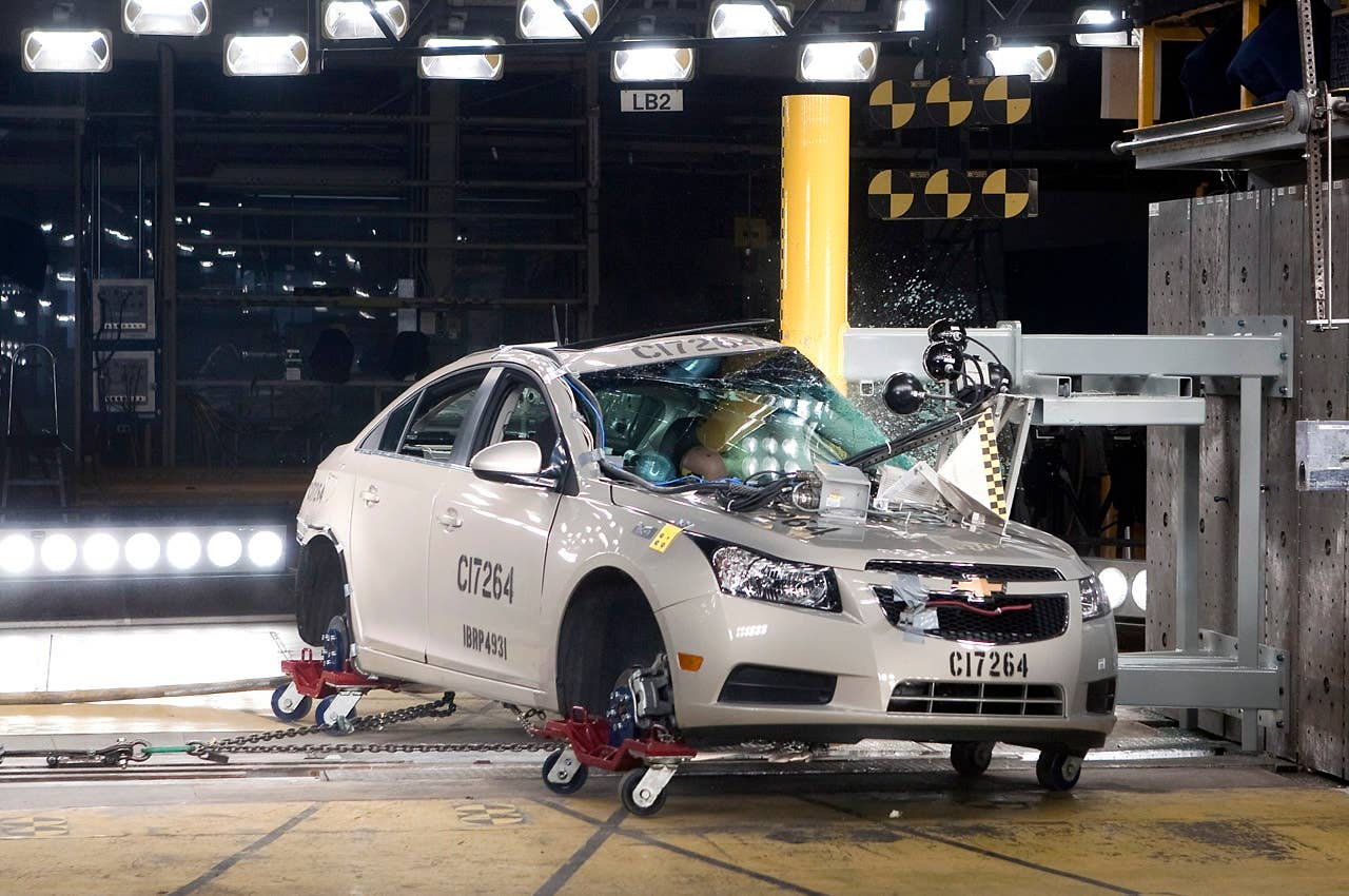The 2011 Chevrolet Cruze fuel-efficient sedan undergoes crash testing Friday, April 16, 2010 in Milford, Michigan. The new Cruze offers class-leading fuel economy, the spaciousness and amenities of a midsize car, and more safety features than other vehicles in it class. (Photo by Jeffrey Sauger for Chevrolet)