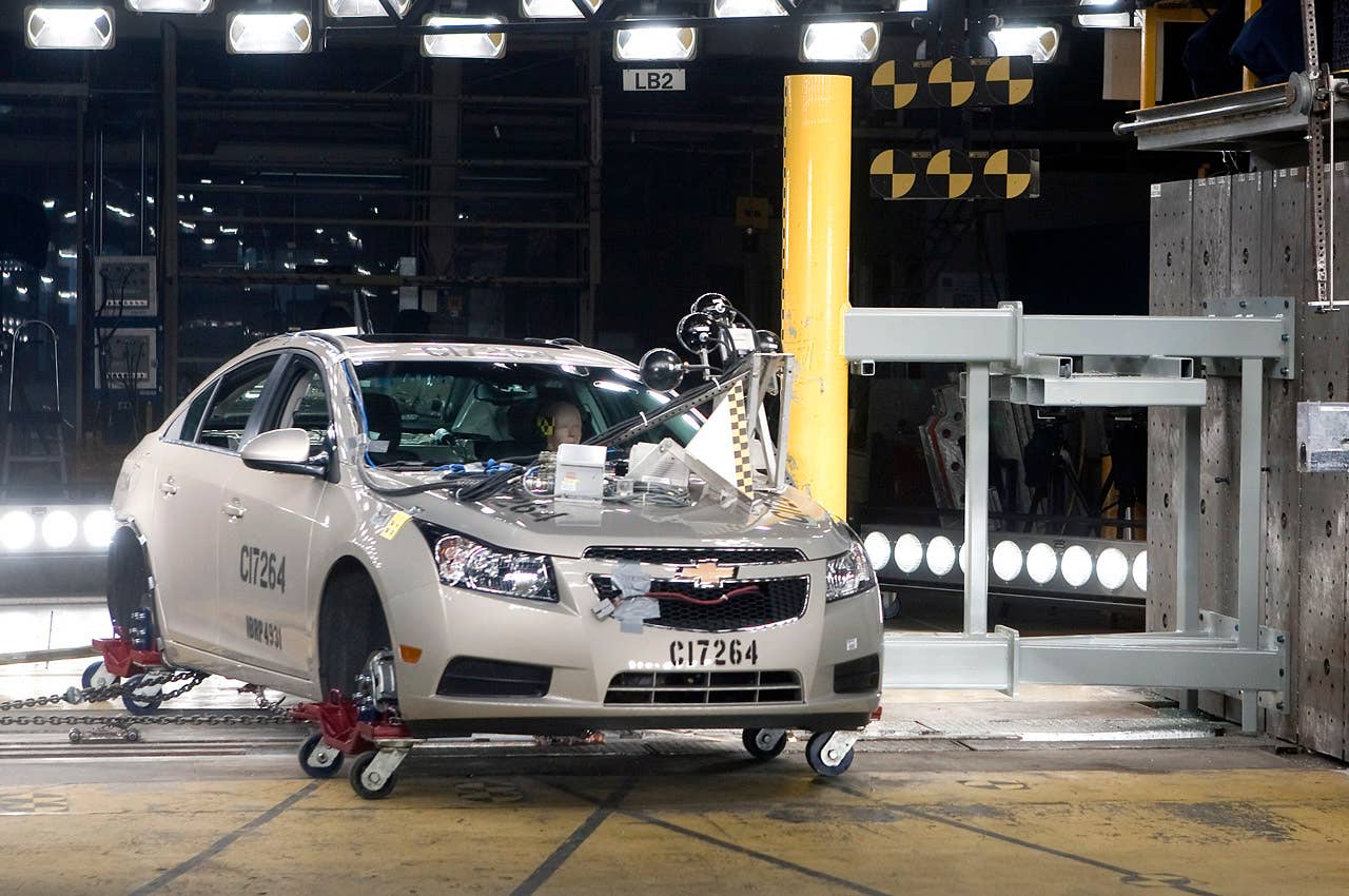 The 2011 Chevrolet Cruze fuel-efficient sedan undergoes crash testing Friday, April 16, 2010 in Milford, Michigan. The new Cruze offers class-leading fuel economy, the spaciousness and amenities of a midsize car, and more safety features than other vehicles in it class. (Photo by Jeffrey Sauger for Chevrolet)