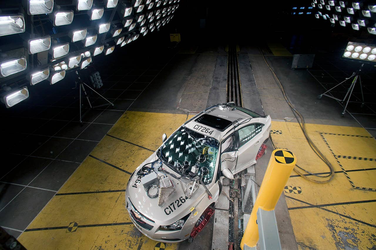 The 2011 Chevrolet Cruze fuel-efficient sedan undergoes crash testing Friday, April 16, 2010 in Milford, Michigan. The new Cruze offers class-leading fuel economy, the spaciousness and amenities of a midsize car, and more safety features than other vehicles in it class. (Photo by Jeffrey Sauger for Chevrolet)