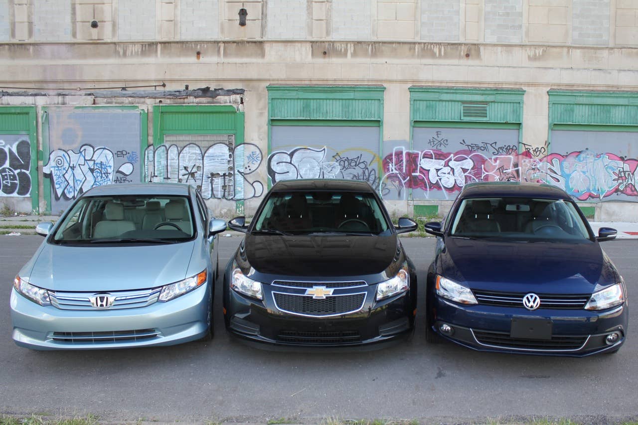 Eco Compact Car Comparison  Article:Honda Civic Hybrid takes on Chevrolet Cruze Eco and Volkswagen Jetta TDI  Copyright 2011 Steven J. Ewing / AOL