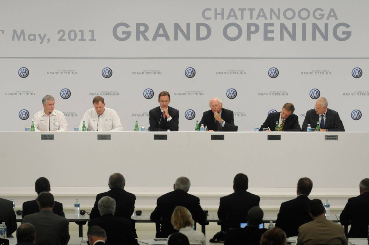 Photo by Angela Lewis/Chattanooga Times Free Press - May 24, 2011 - Volkswagen and government officials (from left) Gunther Scherelis, Frank Fischer, Michael Macht, Klaus Scharioth, Tennessee Governor Bill Haslama and Jonathan Brown answer questions during a press conference at the Volkswagen Grand Opening Tuesday, May 24, 2011, in Chattanooga, Tenn. (AP Photo/Chattanooga Times Free Press, Angela Lewis)