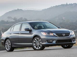 Honda nailed it with this redesign -- it's roomy, nice to drive, well equipped and very fuel efficient. With its four-cylinder engine, the Accord squeezes out 30 mpg overall and 34 on the highway. Higher-trim models have advanced safety features seldom found in this category; all models come with a standard back-up camera.  Research the Honda Accord Honda Accord Photos & Information Honda Accord Best Deals Honda Accord Local Dealer Price Quote