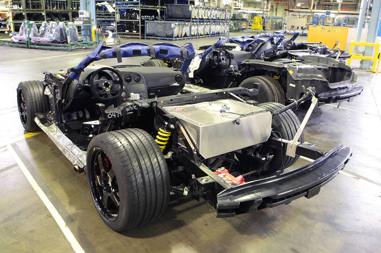 The non-street legal 2010 Dodge Viper ACR-X boasts safety features such as factory-designed and installed fuel cell and specially tuned and upgraded suspension for on-track usage - shown here prior to body panels being installed at the Conner Avenue (Detroit) Assembly Plant. (Joe Wilssens photo)