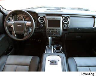 If you want to get the maximum pleasure out of the cabin, get ready to crack open the F-150's owner's manual to learn how to use the many gadgets that contribute to its $52,740 price tag. Standard features include voice-activated Navigation with Travel Link and Sony Audio, Sync, a USB port for your MP3 player or smartphone, power moon roof and backup camera. Not enough? There's also an integrated trailer brake controller, power sliding rear window and leather seats that are heated and cooled in the front row. We're particularly fond of the standard 4.2-inch LCD nestled into the middle of the gauge cluster. It's bright as the rising sun, accessed via steering wheel controls, and provides useful information like fuel economy, off-road data and towing info.  The comfortable, well-bolstered seats are also a highlight, and the leather-wrapped steering wheel feels as good as it looks, but not all that glitters is gold. And seriously, we actually see glitter on the center console, which isn't great. Any time an automaker starts with a $22,000 truck, there are going to be some hard-touch materials. The Harley-Davidson F-150 is certainly guilty, as the hulking dash is harder than a Louisville Slugger, but without any of the real wood. It also took quite a while to acclimate to this princely pickup's multitude of buttons, switches and gadgets.  Research the Ford F-150 Harley-Davison  Ford F-150 Harley-Davison Photos & Information  Ford F-150 Harley-Davison Best Deals  Ford F-150 Harley-Davison Local Dealer Price Quote