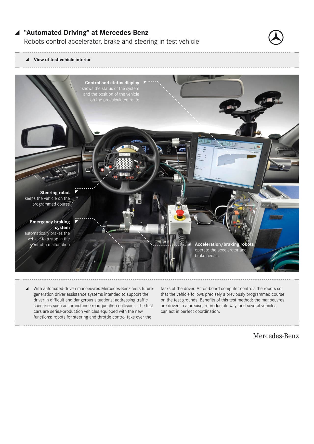 "Automated Driving" - Robots control acceleration, brake and steering in test vehicle.