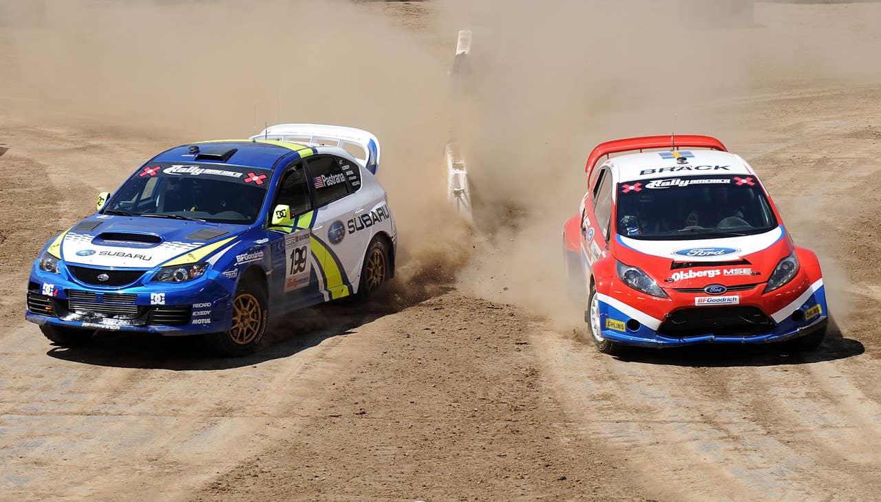 CARSON, CA - AUGUST 02: Travis Pastrana and Kenny Brack compete in the Rally Car Racing Super Special Final during X Games 15 at the Home Depot Center on August 2, 2009 in Carson, California. (Photo by Harry How/Getty Images)